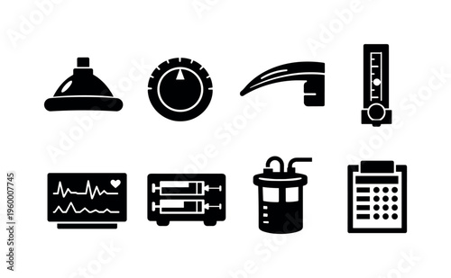 Anesthesiology monitoring setup: anesthesia mask dome, vaporizer control dial, intubation laryngoscope blade, oxygen flowmeter tube, patient vitals waveform monitor, syringe driver
