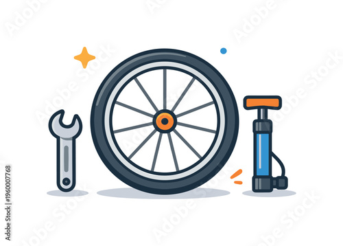 Bike repair routine shaped by practical everyday habits and community culture of maintaining personal transport, a bicycle wheel paired with a wrench and a small pump element