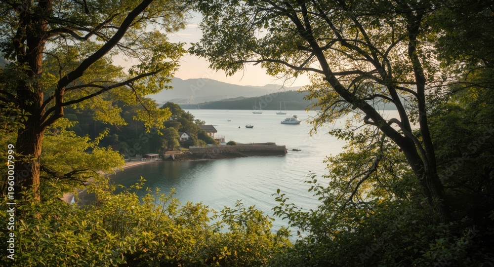 Fototapeta premium Daylight at morning revealing a picturesque harbor inlet with tree filled coast