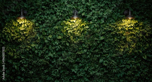 Considerable wall lighting arrangement coupled with green tree backdrop