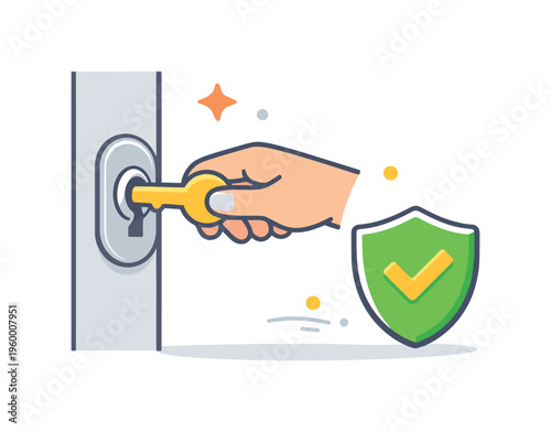 Locking the door before leaving home as part of a daily routine focused on safety and responsibility in everyday life, a door with a key turning in a lock and a small shield