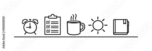 Simple morning checklist and daily startup routine for beginning the day with structure and clear intentions, alarm clock, checklist sheet, coffee mug, sun, and notebook, energy