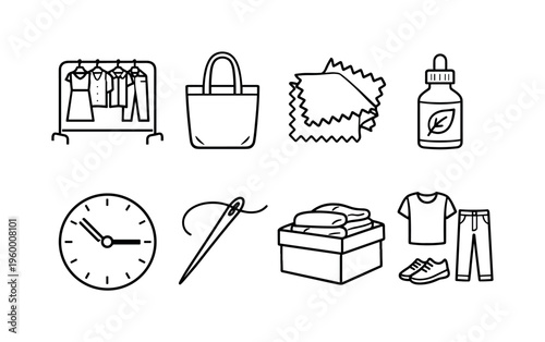 Ethical fashion lifestyle: wardrobe rack, reusable tote bag, fabric swatch, plant dye bottle, slow fashion clock, mending needle, clothing donation box, minimalist outfit set