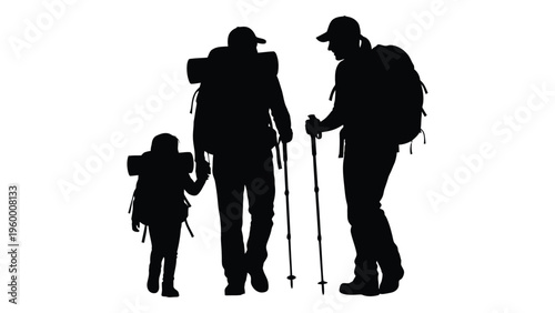 Family of hikers walking together on a trail