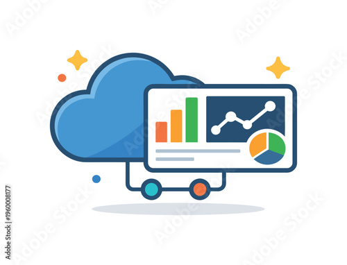 Cloud-based analytics platform enabling teams to review and interpret data in real time across distributed environments and devices, a cloud icon paired with a dashboard chart and