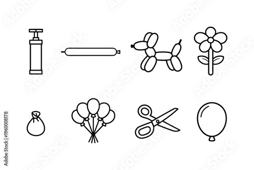 Balloon art and twisting: balloon pump, long balloon, twisted dog shape, balloon flower, tying knot, balloon bundle, scissors, inflated balloon