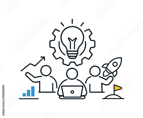 Innovation driven teamwork scenario centered on building new products and entering competitive markets with collaborative vision, a minimal gear shape paired with a lightbulb icon