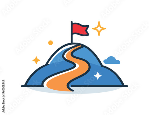 Personal goal visualization and future planning focused on imagining desired outcomes and building a clear path forward in life or career, a flag on a hill combined with a path and