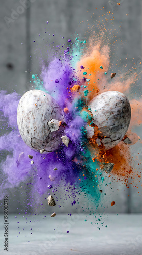 Dynamic impact of stone eggs results in vibrant cloud of colored dust and particles in minimalist setting.