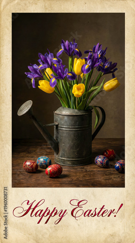 Vintage Easter greeting card with tulips irises and Happy Easter lettering.