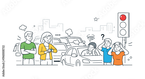 An urban mobility and transportation scene focused on a traffic jam as a challenge in modern city life, where a small group of drivers and commuters reacts to delays around two