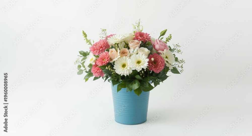 Fototapeta premium Elegant bouquet of flowers held in a blue bucket on white backdrop with greeting card