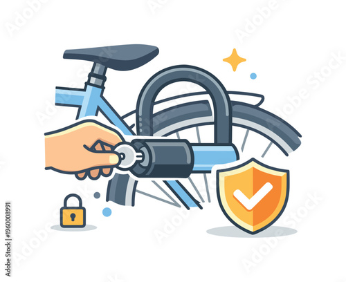 Turning a key to lock a bicycle as part of an everyday routine focused on security and responsible ownership in an urban environment, a bicycle lock with a key and a small shield