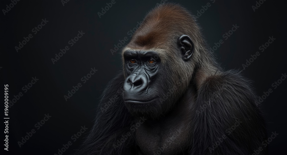 Obraz premium Contemplative lowland gorilla against a dark neutral backdrop