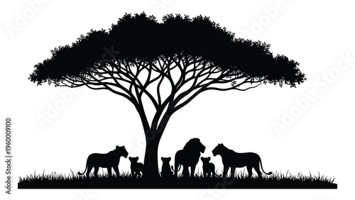 A group of wild animals standing under a tree