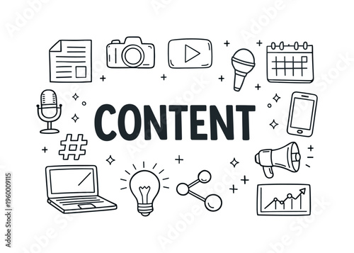 Content marketing strategy concept focused on creating valuable content, attracting audiences, and driving engagement across digital channels. CONTENT title with surrounding
