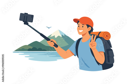 Travel lifestyle scene showing a person capturing a memorable moment during a trip using a selfie stick to document experiences and share them online, with a character holding a