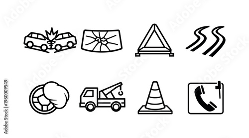 Car accident scene: crashed cars, broken windshield, warning triangle, skid marks, airbag deployed, tow truck, traffic cone, emergency call phone