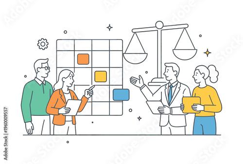 A workforce capacity planning and resource allocation scene showing managers distributing tasks and balancing workloads together around a large grid and a simple scale icon, using