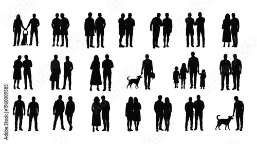 A collection of black silhouettes of people and dogs in various poses