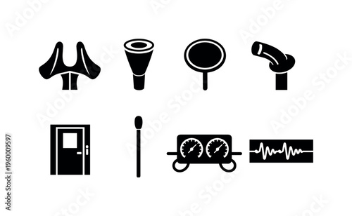 Otolaryngology examination tools: nasal speculum prongs, tympanic membrane cone view, laryngeal mirror disc, sinus endoscope tip, audiometric booth door panel, throat culture swab
