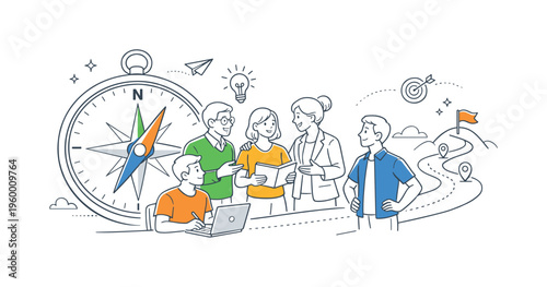 A workplace mentorship and career development guidance scene showing experienced professionals supporting junior colleagues and sharing knowledge together around a large compass