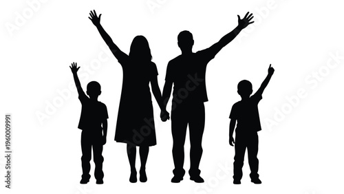 A family of four with their arms raised in celebration