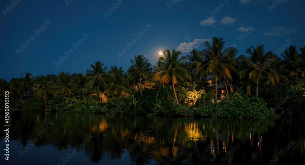 Obraz premium Restful moonlit tropical vista with lush palms and calm water reflections