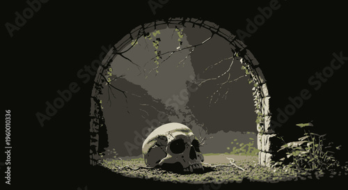 Ancient Stone Archway with Skull Remains in Dark Cave Entrance