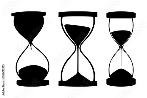 Hourglass set with horizontal silhouette featuring time, sand, design with black and white and minimalism, classic, symbolic, timeless