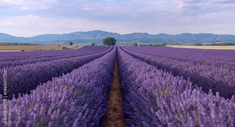 Fototapeta premium Bright lavender field stretching toward a range of subdued hills