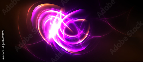 Bright abstract swirls, vibrant purple hues dominate. Energy radiates from central point, dark background enhances luminosity.