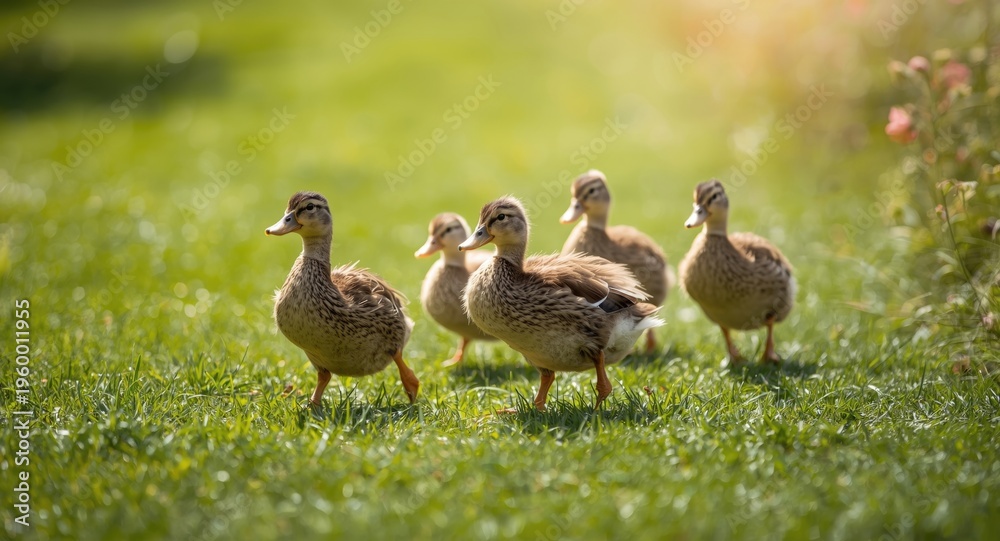Obraz premium Playful pet ducks moving across a verdant grass lawn in bright summer sunshine full length view