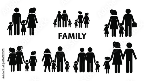 A group of family silhouettes in various poses and sizes