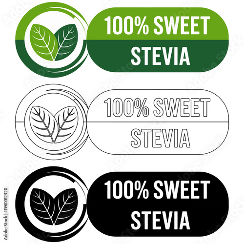 Stevia sweetener labels and icons in green black and white colors for food and beverage packaging design  natural sweetener branding elements