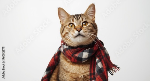 Happy feline accessorized with a striking scarf in front of a crisp white background