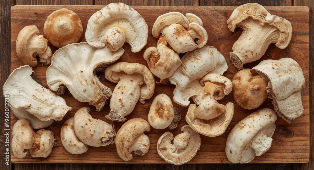 Fototapeta premium Organic Grifola frondosa mushrooms arranged on wooden board