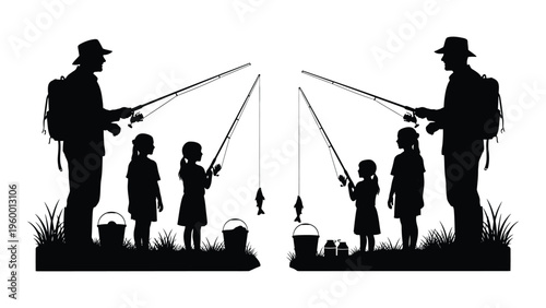 Father and children fishing together outdoors