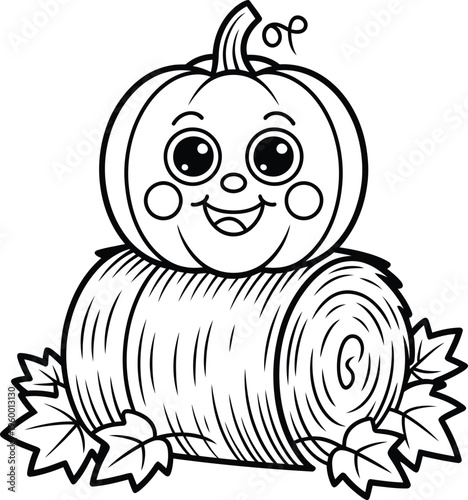 Cute cartoon pumpkin sitting on a hay bale
