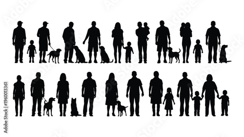 A group of people and their dogs in various poses