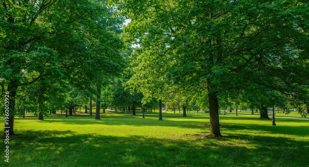 Obraz premium Serene summer park with vibrant green trees and gentle sunlight