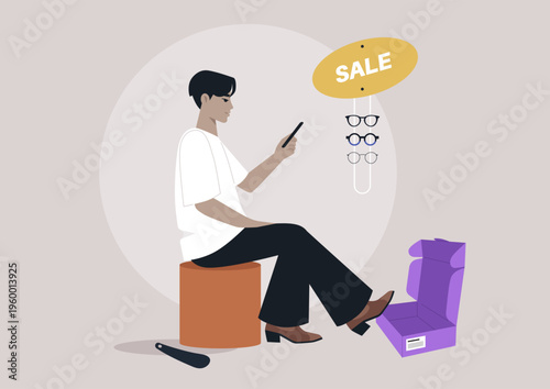 Excitement fills the air as a person tries on stylish shoes at a trendy boutique fitting room