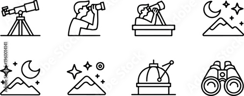 Photos Astronomy related icons, telescope, observatory, binoculars, people looking at night sky