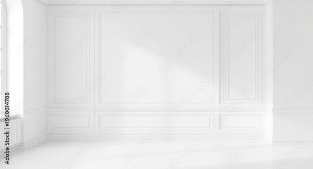 Fototapeta premium Clean white interior wall adorned with decorative molding and plenty of copy space