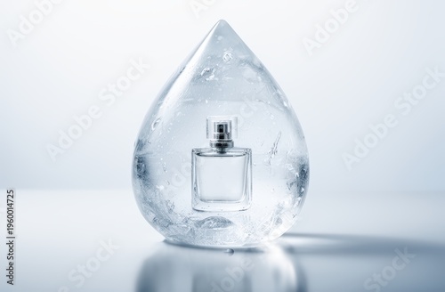 Perfume bottle enclosed inside large frozen water droplet