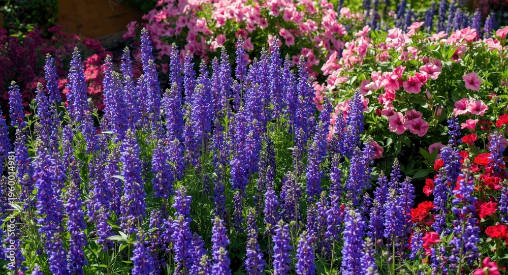 Fototapeta premium Brilliant floral garden abundant with violet and pink blossoms under soft sun