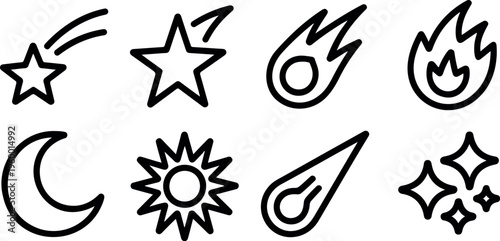 Collection of celestial bodies and cosmic events line art icons on transparent background.