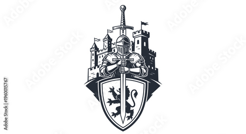 Medieval Knight with Shield and Castle Background - Vintage Illustration