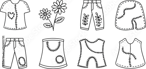 Handmade clothing for dolls patchwork style simple outline drawings creative doll outfits cute design.