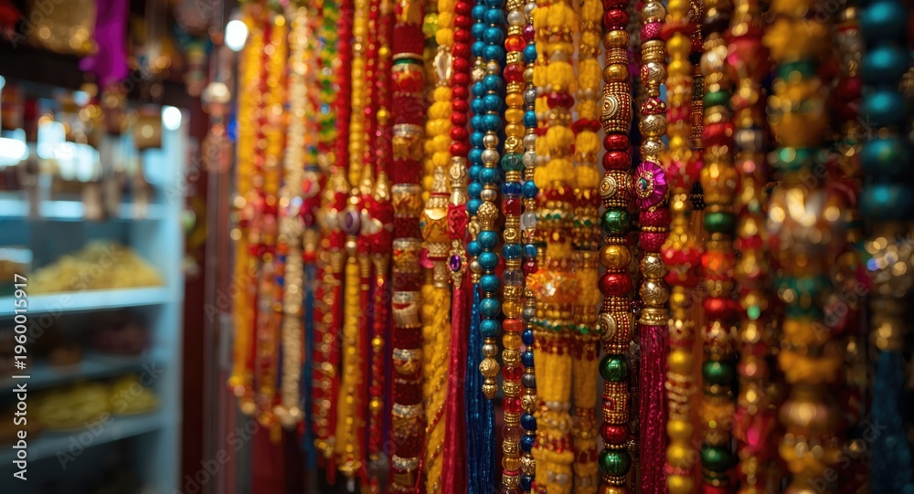Fototapeta premium Multicolored rakhis featured in brightly lit Rakshabandhan festival shop interior
